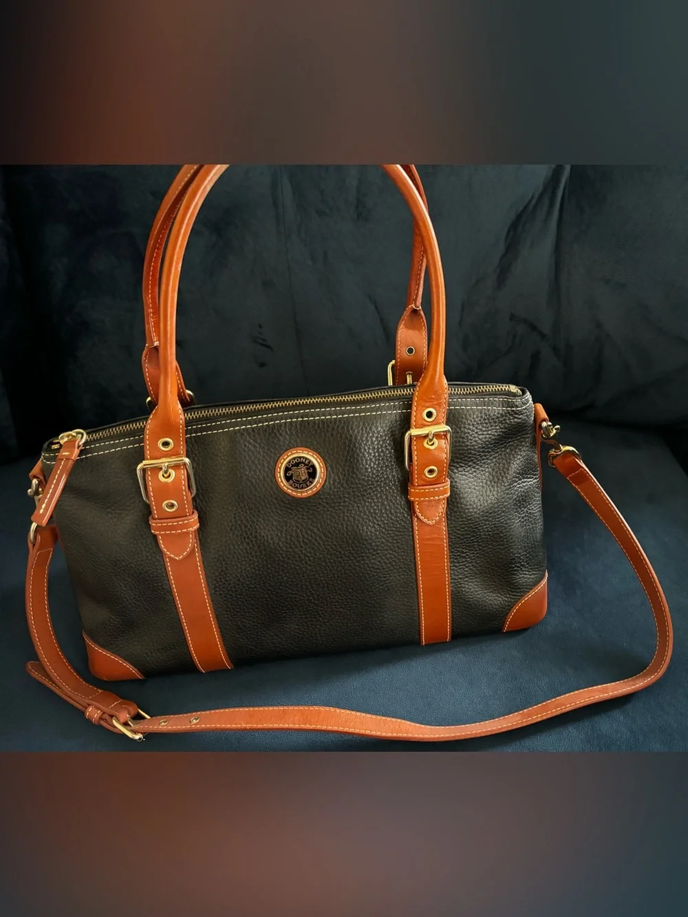 Vintage Dooney & Bourke Leather Satchel navy blue tan brown shoulder bag